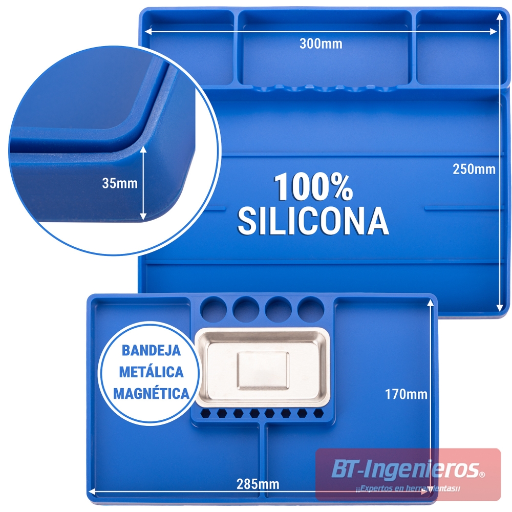 Bandeja de silicona profesional con compartimentos para vasos, llaves y tornillos.