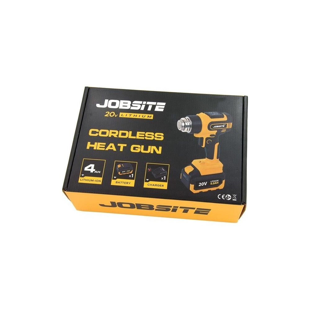 Caja original del decapador Jobsite 20V con batería 4Ah, cargador y accesorios.