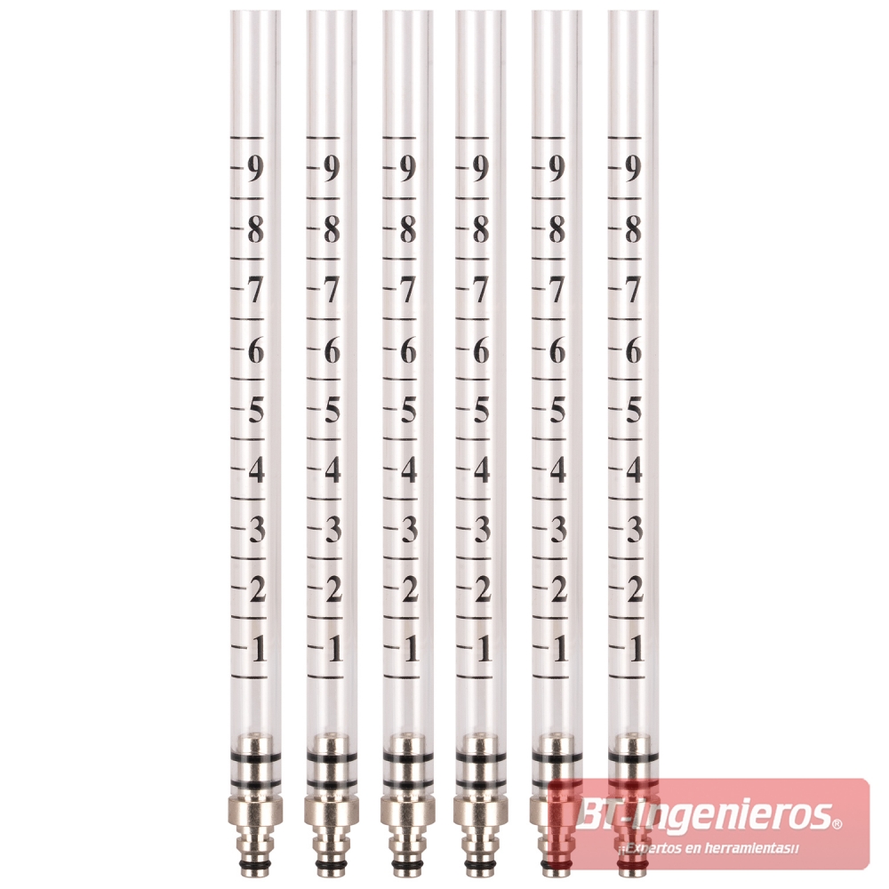 Probetas graduadas para comprobación del retorno de inyectores diésel 6 cilindros.