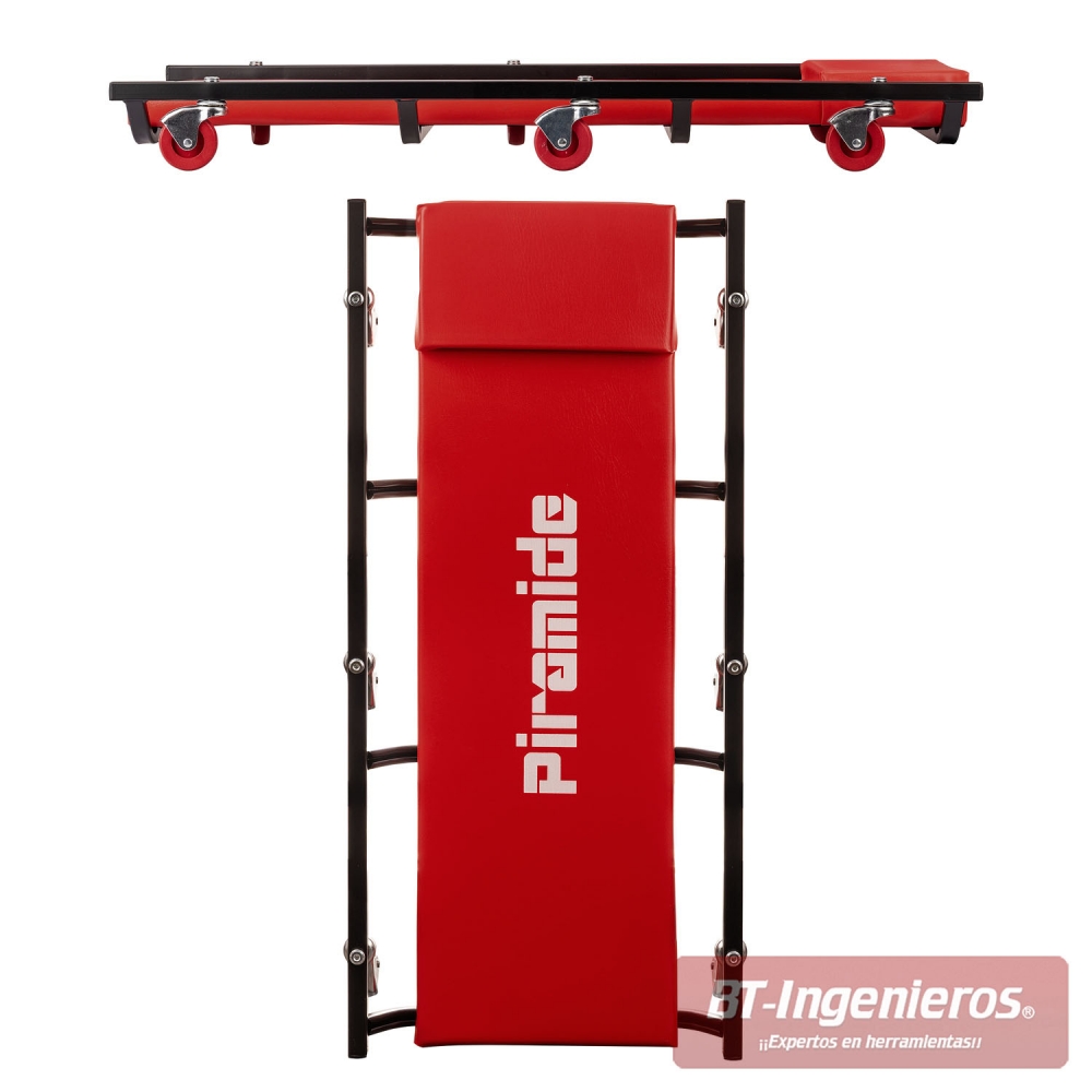 Vista superior y lateral de la camilla Piramide de 6 ruedas para taller.