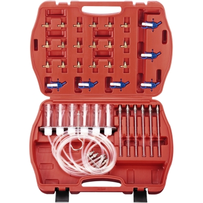 Kit medidor de retorno de inyectores diésel Common Rail con probetas y adaptadores.