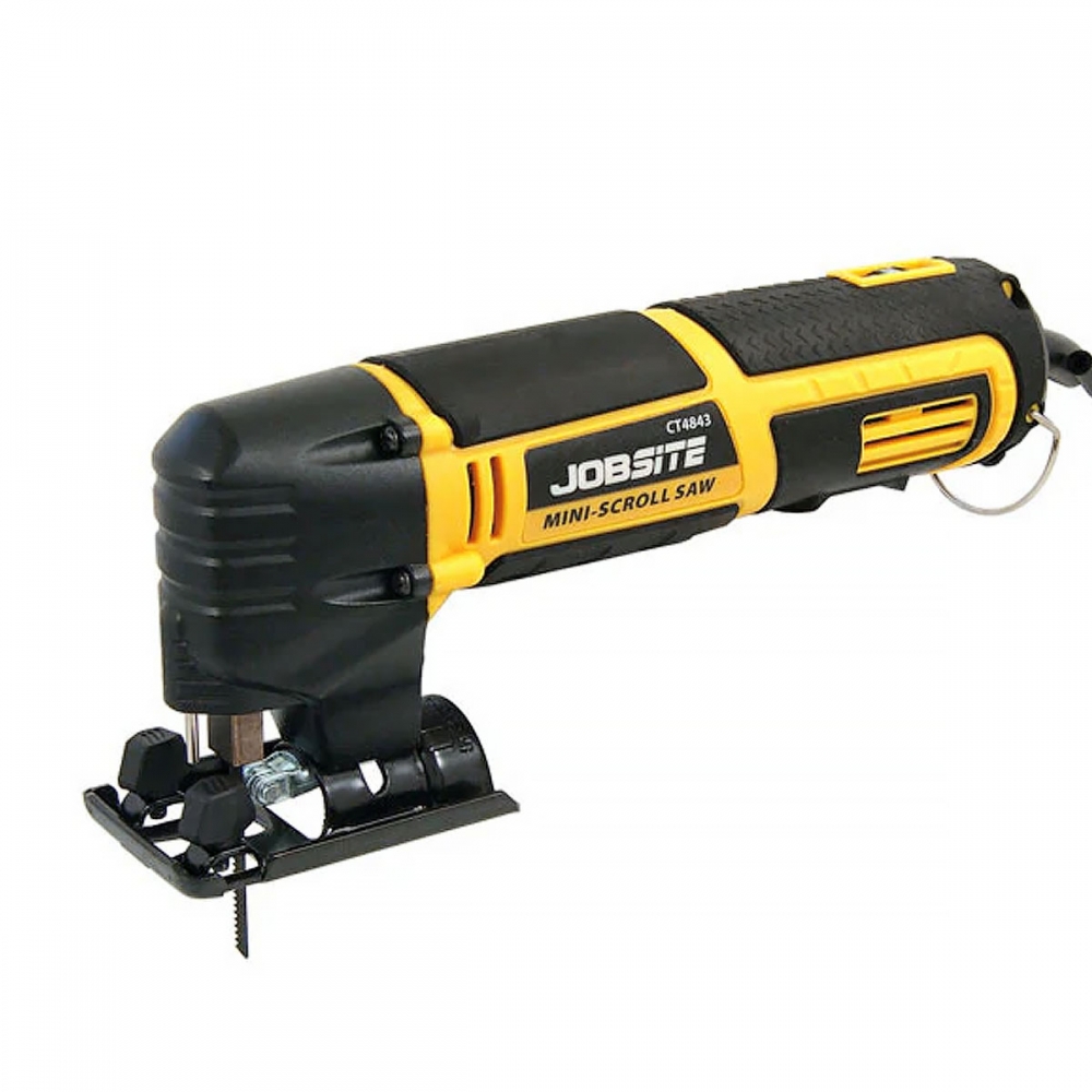 Mini sierra caladora JOBSITE 75W con base inclinable 0–45° y velocidad variable 1000–4500 spm
