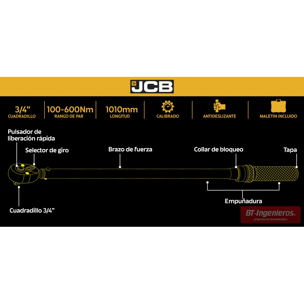 Esquema técnico de la llave dinamométrica JCB 3/4 pulgadas 100–600 Nm con detalles de componentes.