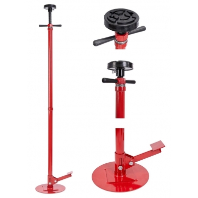 Soporte alto regulable para elevador 750 kg con pedal de elevación rápida y plato de goma antideslizante.