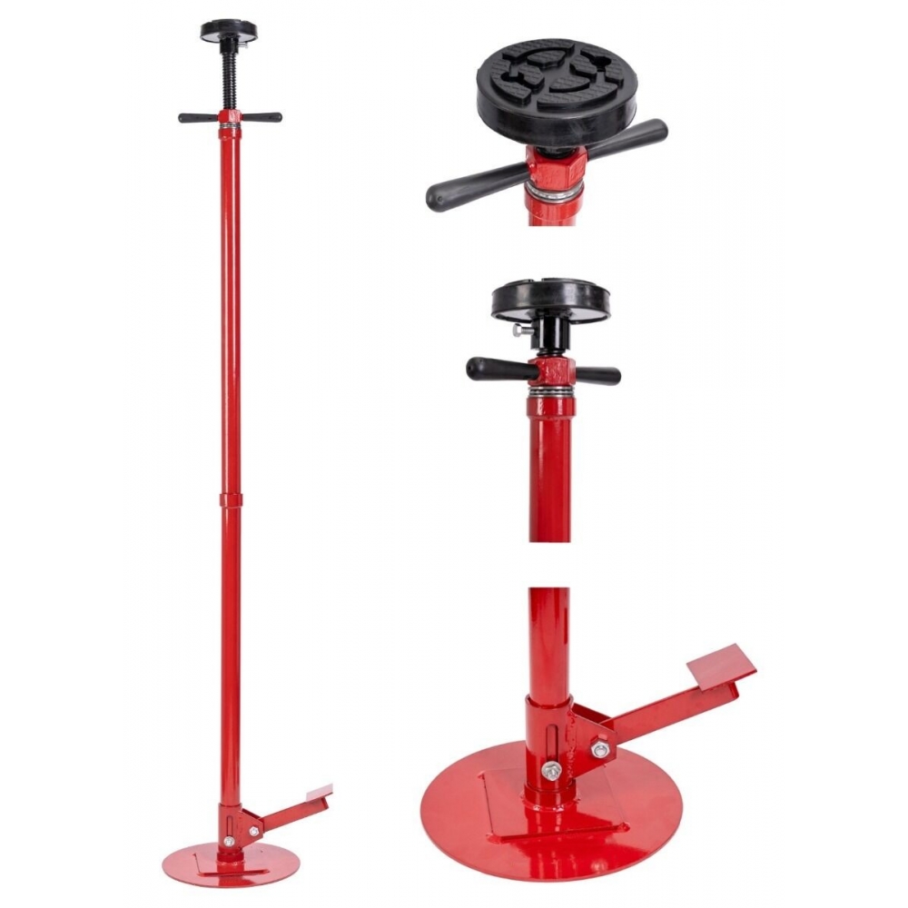 Soporte alto regulable para elevador 750 kg con pedal de elevación rápida y plato de goma antideslizante.