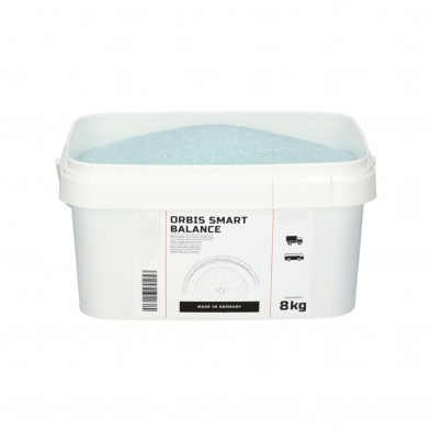 Cubo Orbis Smart Balance 8 kg con tabla de dosificación para equilibrado de neumáticos de camión.