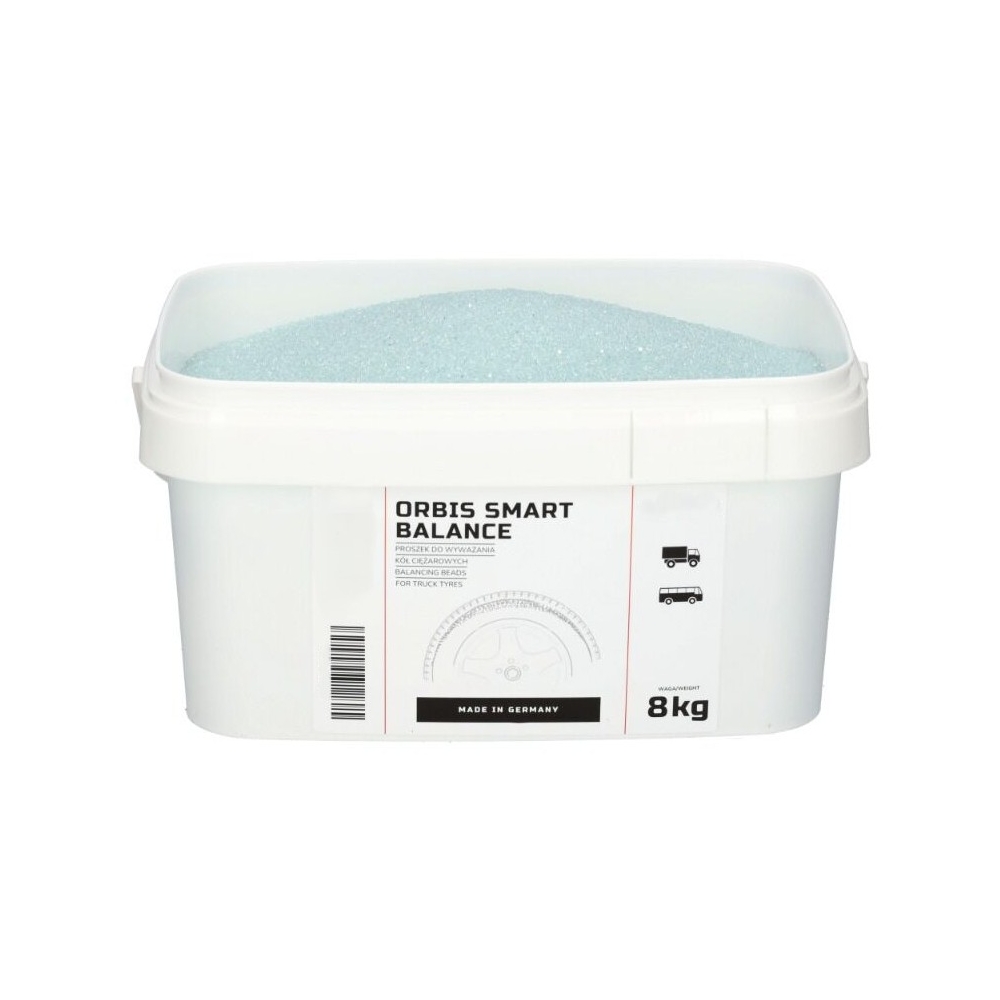 Cubo Orbis Smart Balance 8 kg con tabla de dosificación para equilibrado de neumáticos de camión.