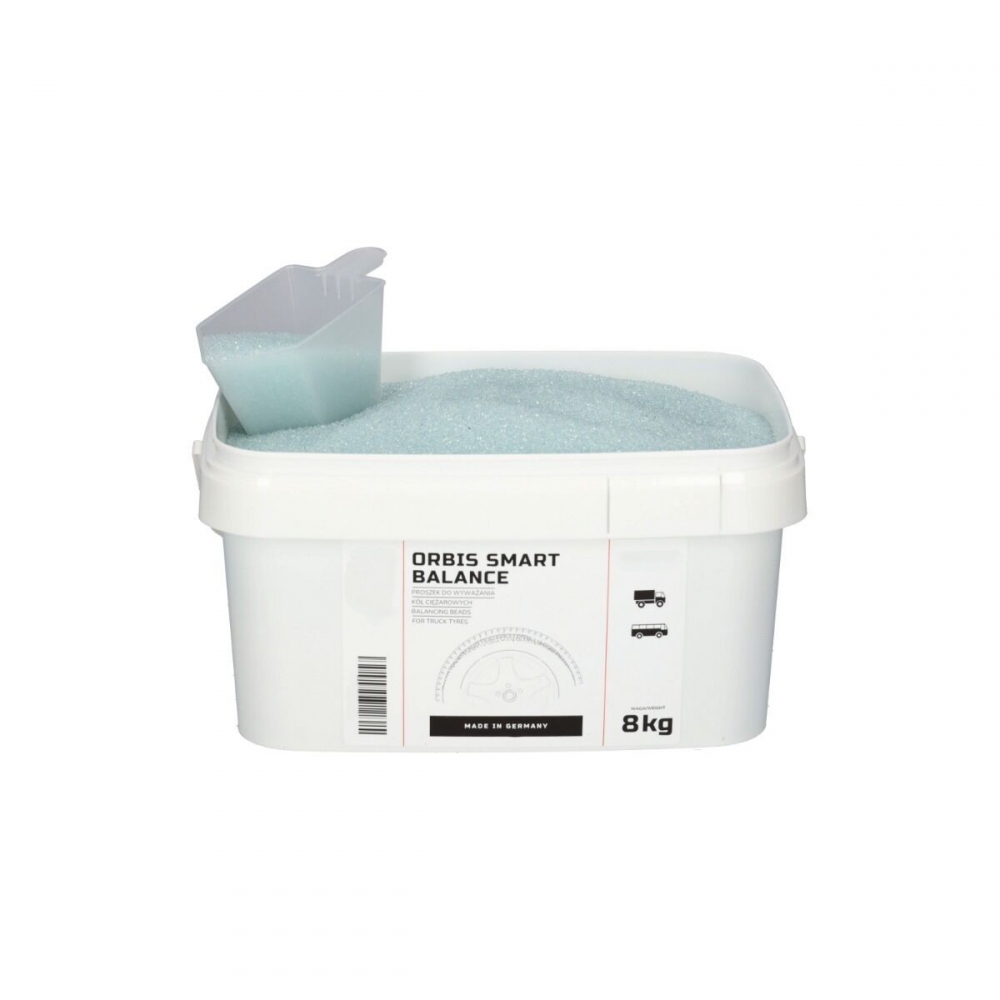 Taza medidora con microgránulos de vidrio Orbis Smart Balance para neumáticos industriales.