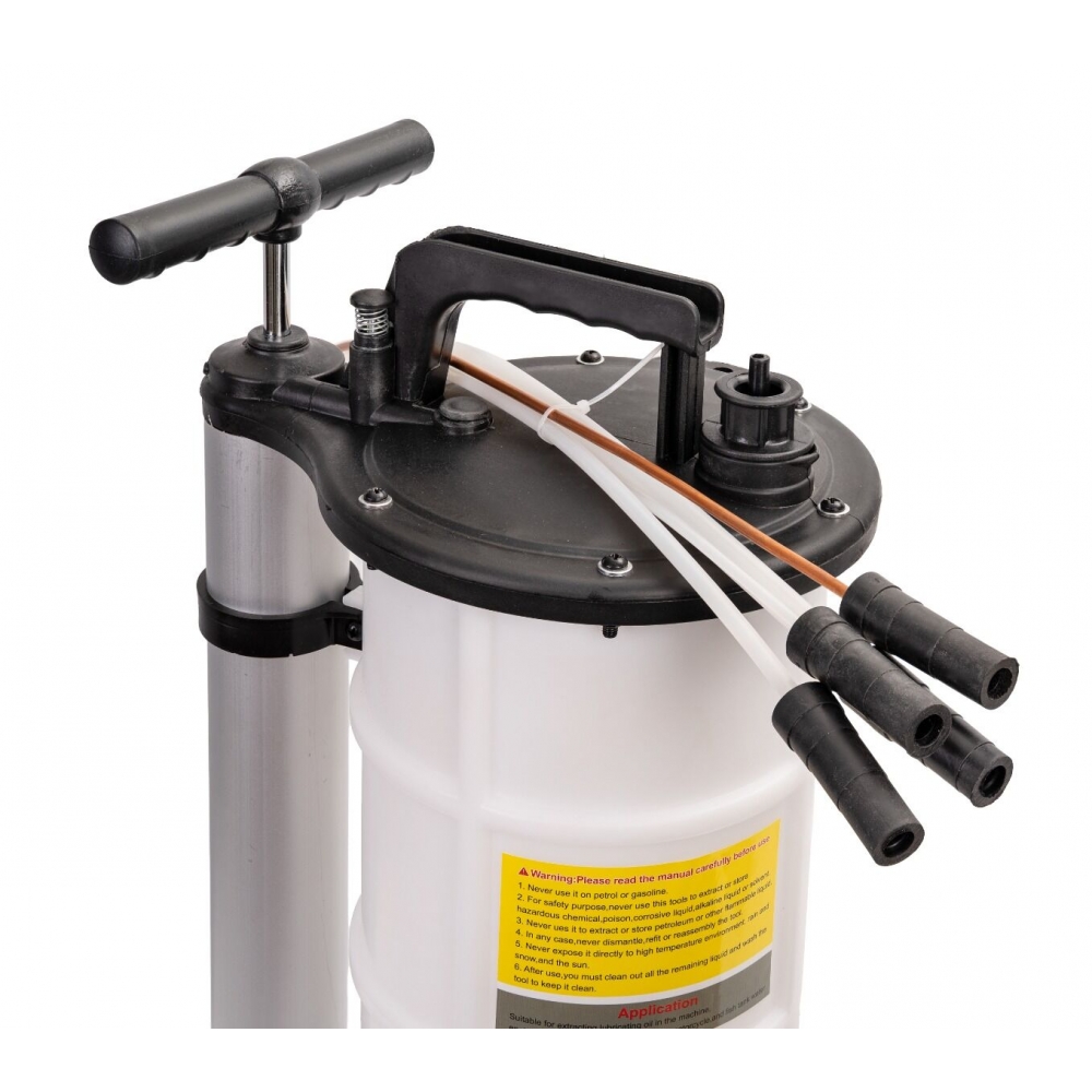 Extractor de fluidos por vacío con depósito de 9 L y asa de transporte y sondas de extracción de líquidos.