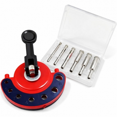Set de coronas diamantadas 4–12 mm con guía de ventosa para vidrio, cerámica y mármol.