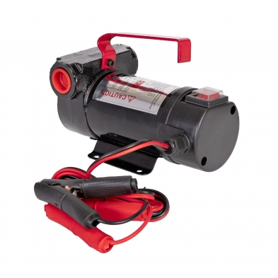 Bomba trasvase diesel 12v vista trasera con asa de agarre, pinzas y estructura robusta.