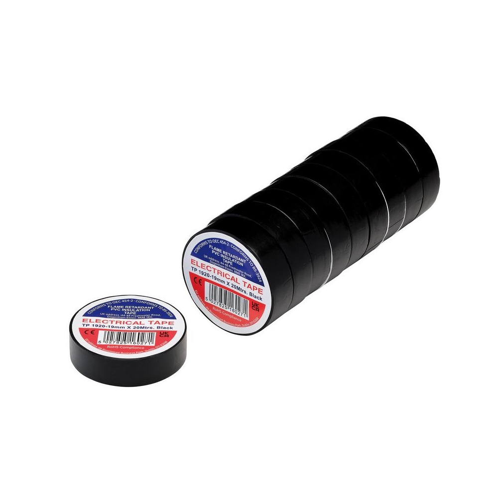 pack de 10 rollos de cinta aislante eléctrica PVC negra 19 mm x 20 m