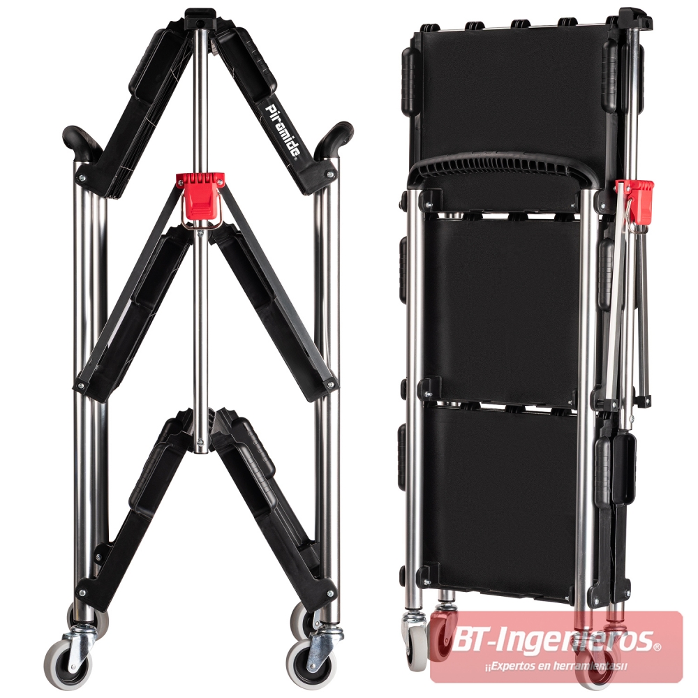 Muestra como el carro se pliega y el escaso espacio que ocupa en posición de plegado