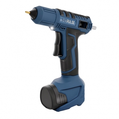 Pistola encoladora inalámbrica 12v con barra de pegamento instalada.