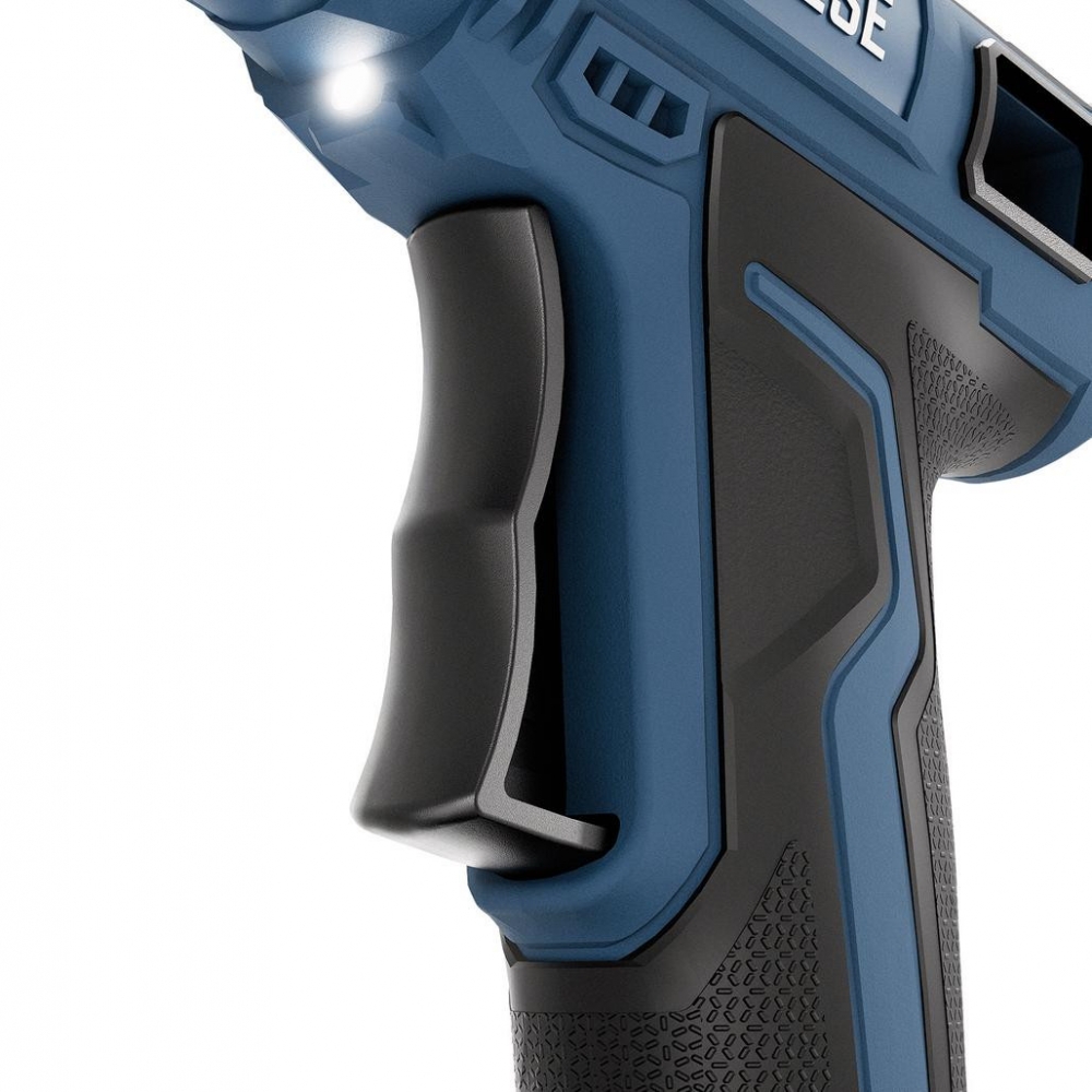 Detalle mango ergonómico soft grip pistola encoladora batería.