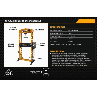 Especificaciones prensa hidráulica 30 toneladas JCB | Con manómetro & pedal.
