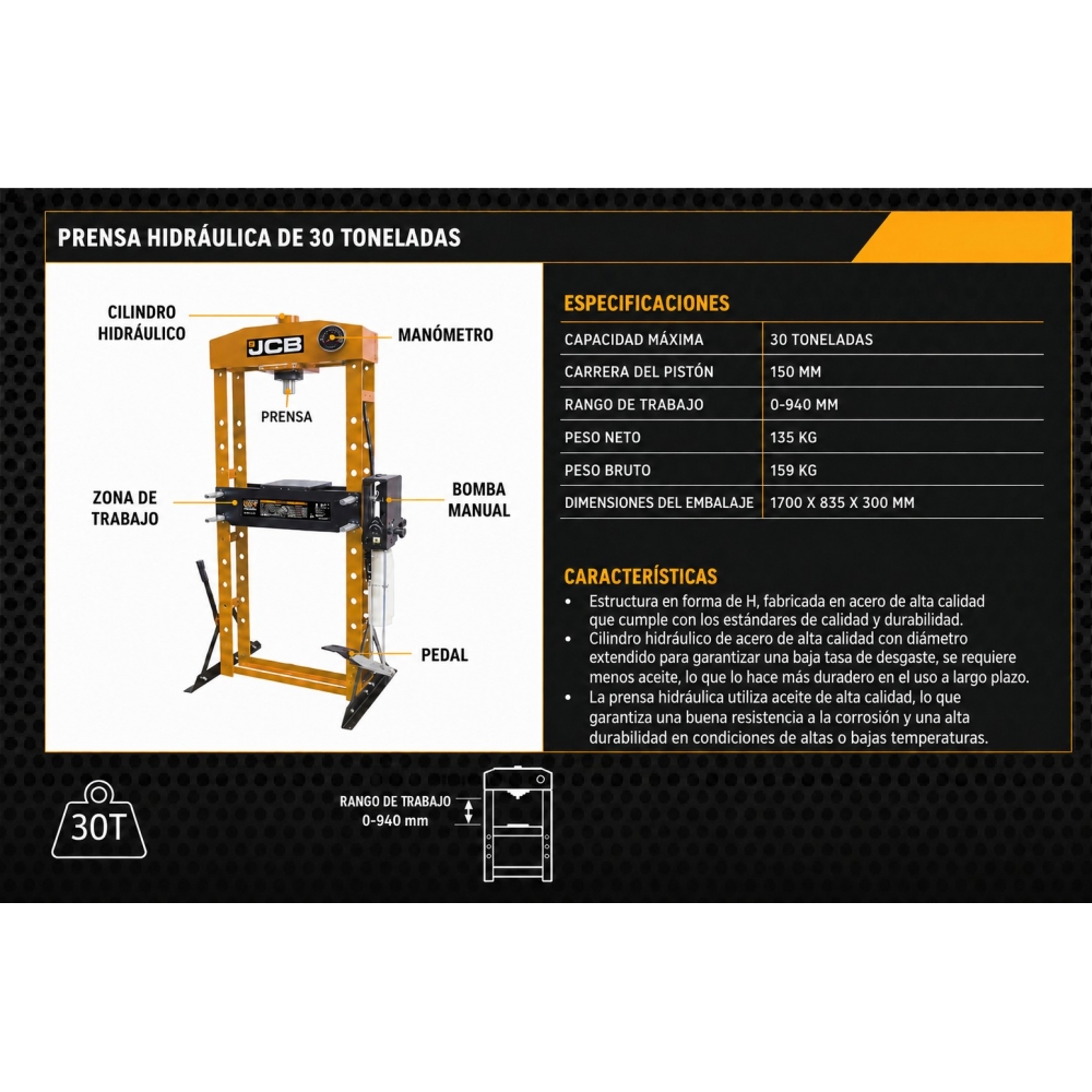 Especificaciones prensa hidráulica 30 toneladas JCB | Con manómetro & pedal.