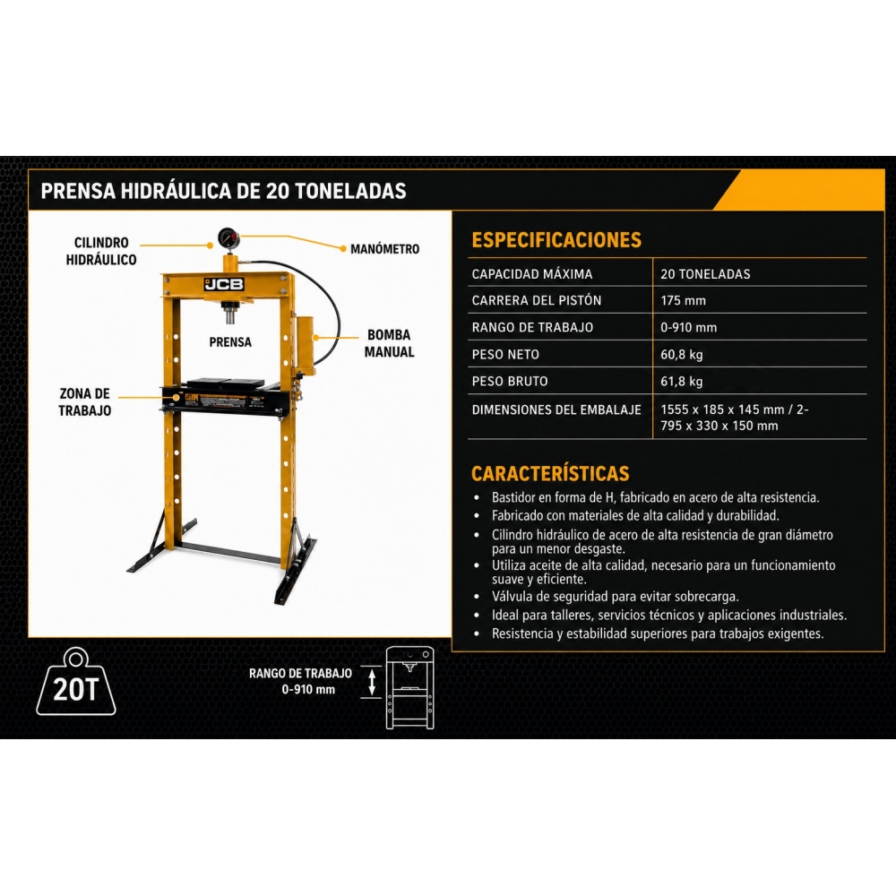 Especificaciones prensa hidráulica manual 20 toneladas JCB.