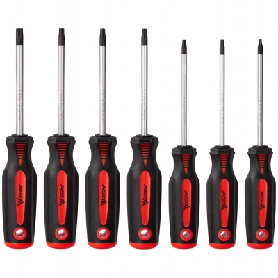 Juego de 7 destornilladores Torx ASTA con mangos negros y rojos, medidas T10 a T40 y símbolo Torx
