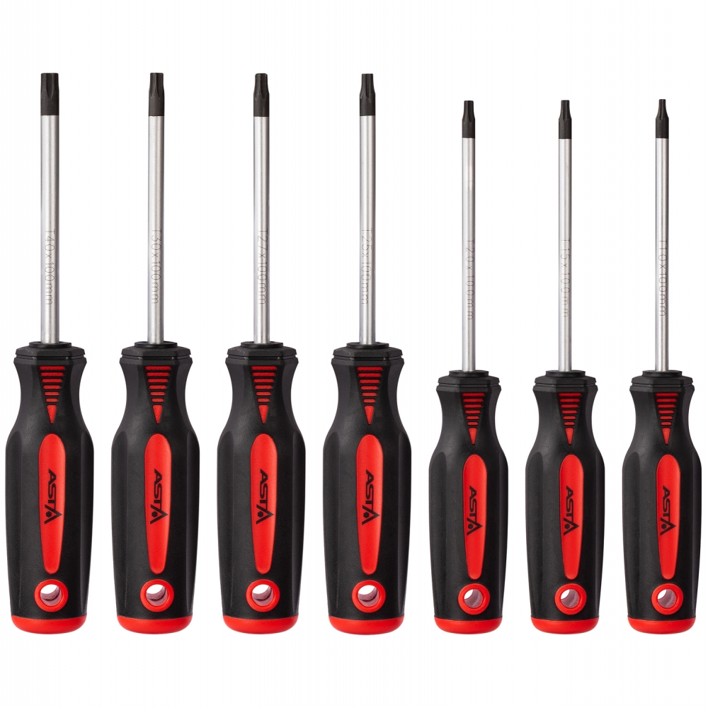 Juego de 7 destornilladores Torx ASTA con mangos negros y rojos, medidas T10 a T40 y símbolo Torx