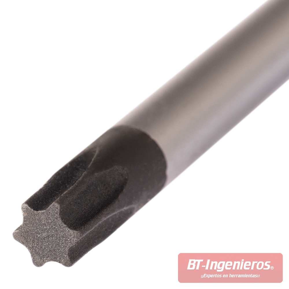 Primer plano de la punta Torx negra de un destornillador, mostrando el perfil de estrella de 6 puntas