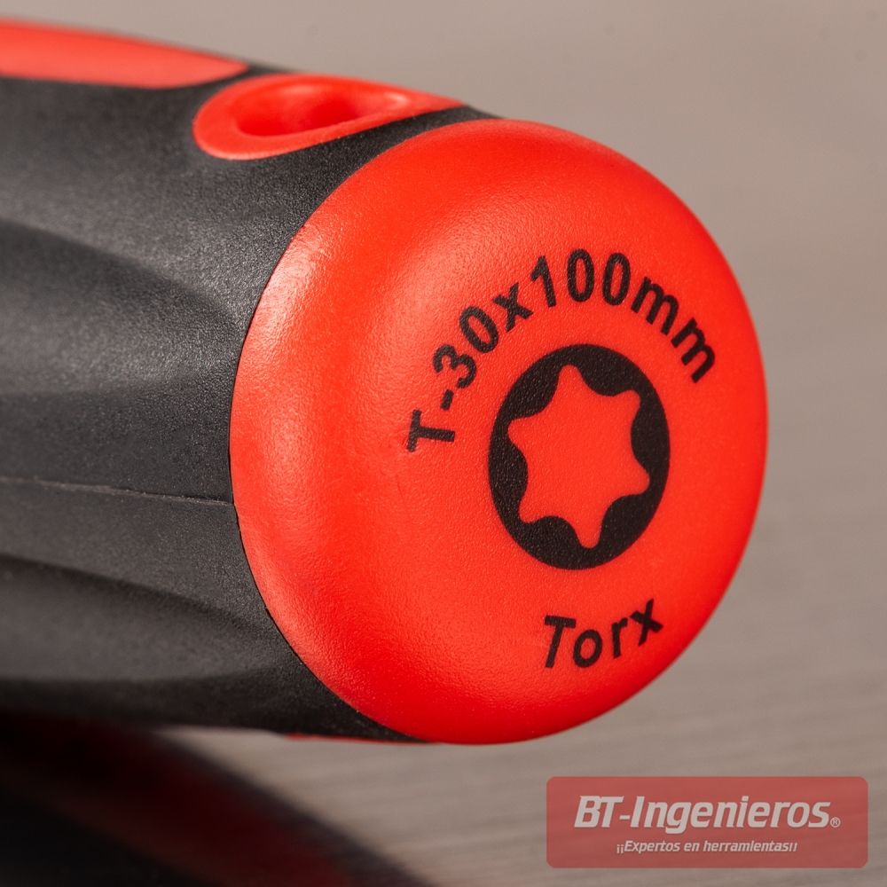 Base del mango rojo con marcado T-30 x 100 mm Torx y símbolo de estrella de 6 puntas en negro