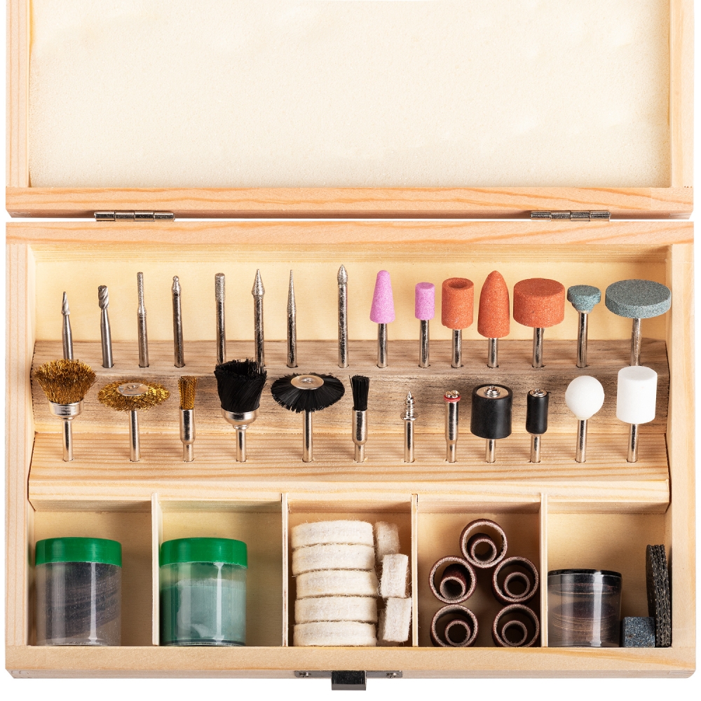 Kit de accesorios para miniherramienta en caja de madera abierta con fresas, cepillos, piedras y discos