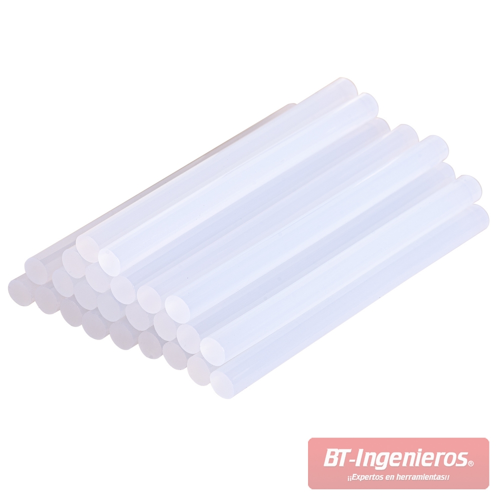 Pack de barras de silicona transparentes de 7,4 x 100 mm apiladas sobre fondo blanco
