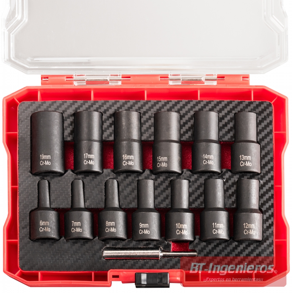 Vasos extractores Cr-Mo de 6 a 19 mm ordenados en maletín con inserto negro y varilla auxiliar