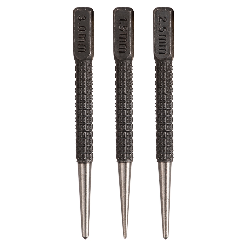 Juego de 3 botadores de clavos con medidas 1,5, 2,5 y 3 mm, cuerpo moleteado y puntas cónicas