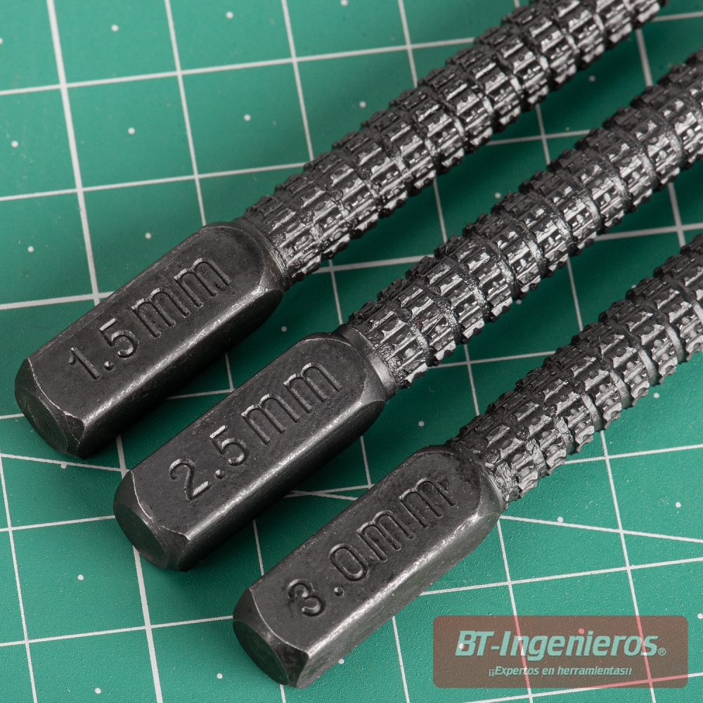 Botadores de clavos de 1,5, 2,5 y 3 mm con marcado grabado y zona de agarre rugosa