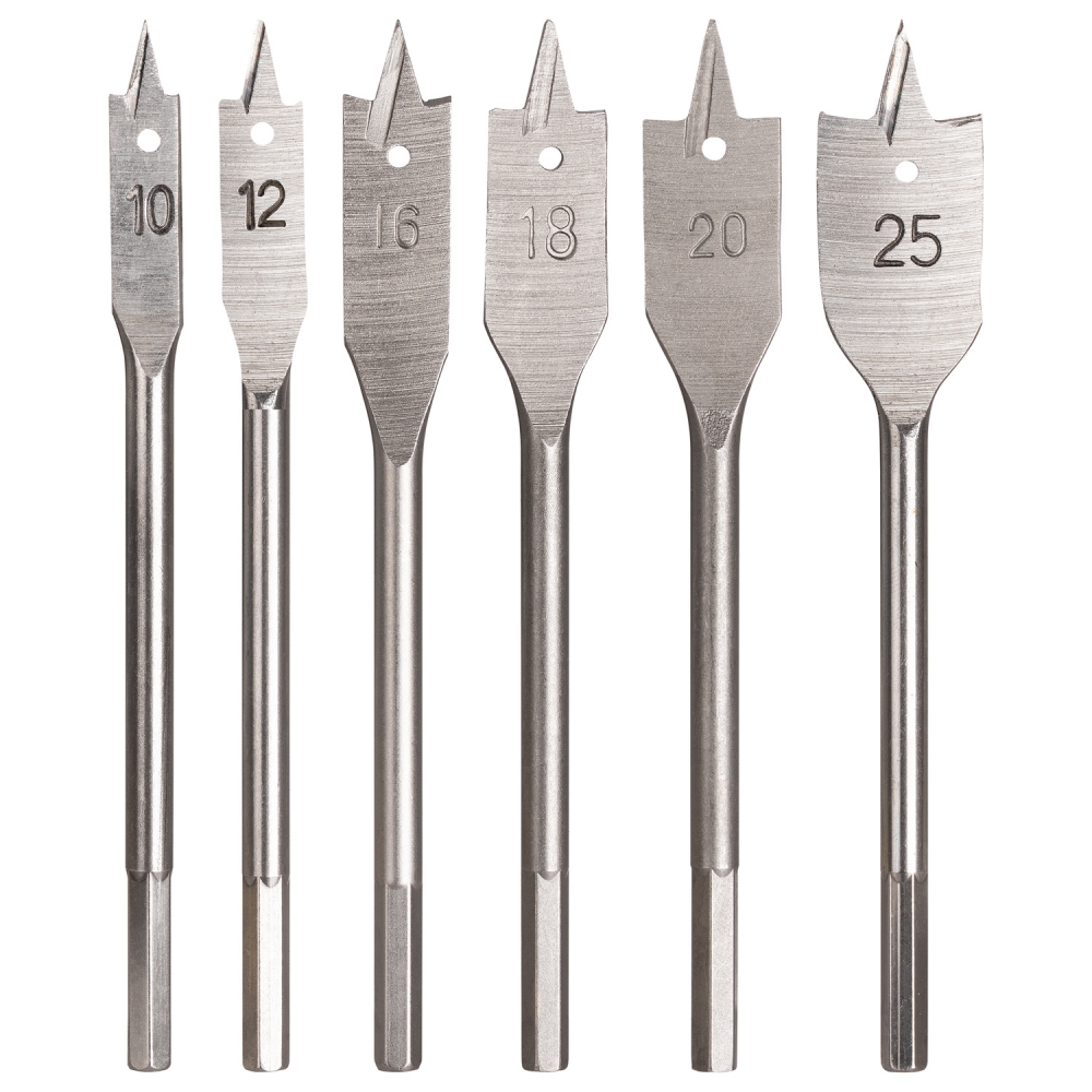 Juego de 6 brocas planas para madera con medidas 10, 12, 16, 18, 20 y 25 mm sobre fondo blanco