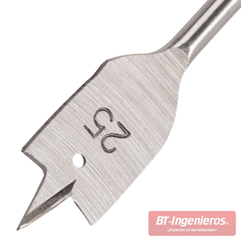 Detalle de broca plana para madera de 25 mm con punta centradora, orificio y pala metálica afilada