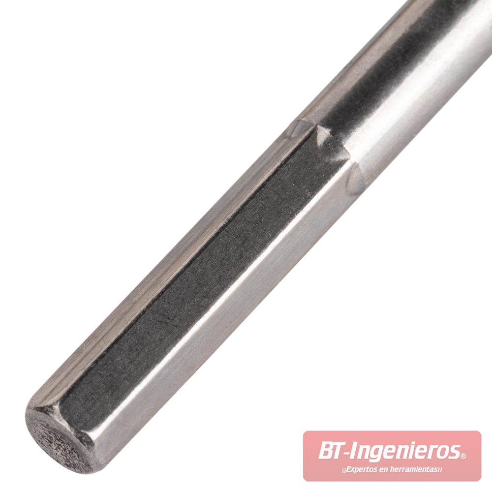 Primer plano del vástago hexagonal de una broca plana para madera, diseñado para mejor sujeción