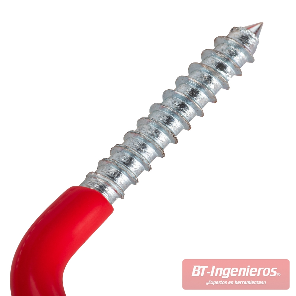 Detalle de la punta roscada metálica de un gancho rojo para fijación en pared, techo o madera