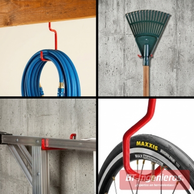 Ganchos para garaje usados para colgar manguera, rastrillo, escalera y bicicleta en pared o techo