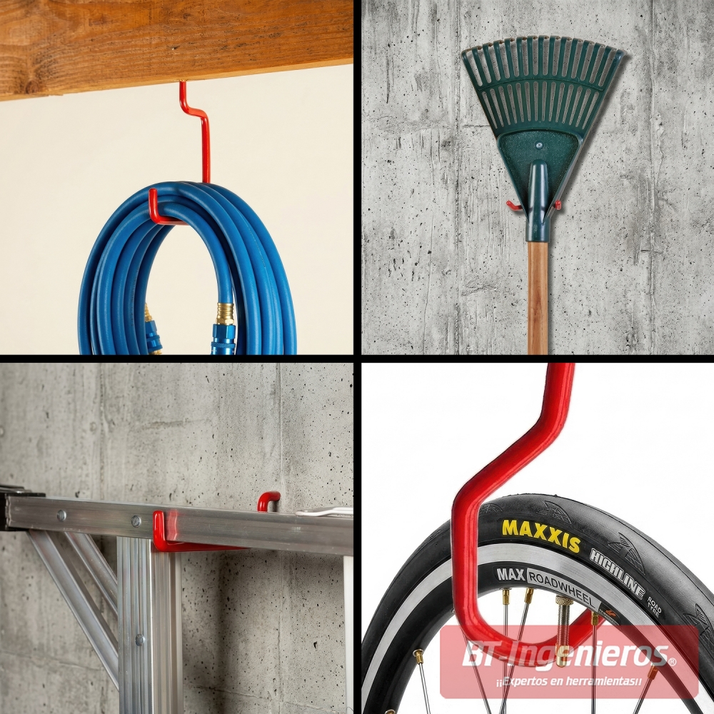 Ganchos para garaje usados para colgar manguera, rastrillo, escalera y bicicleta en pared o techo
