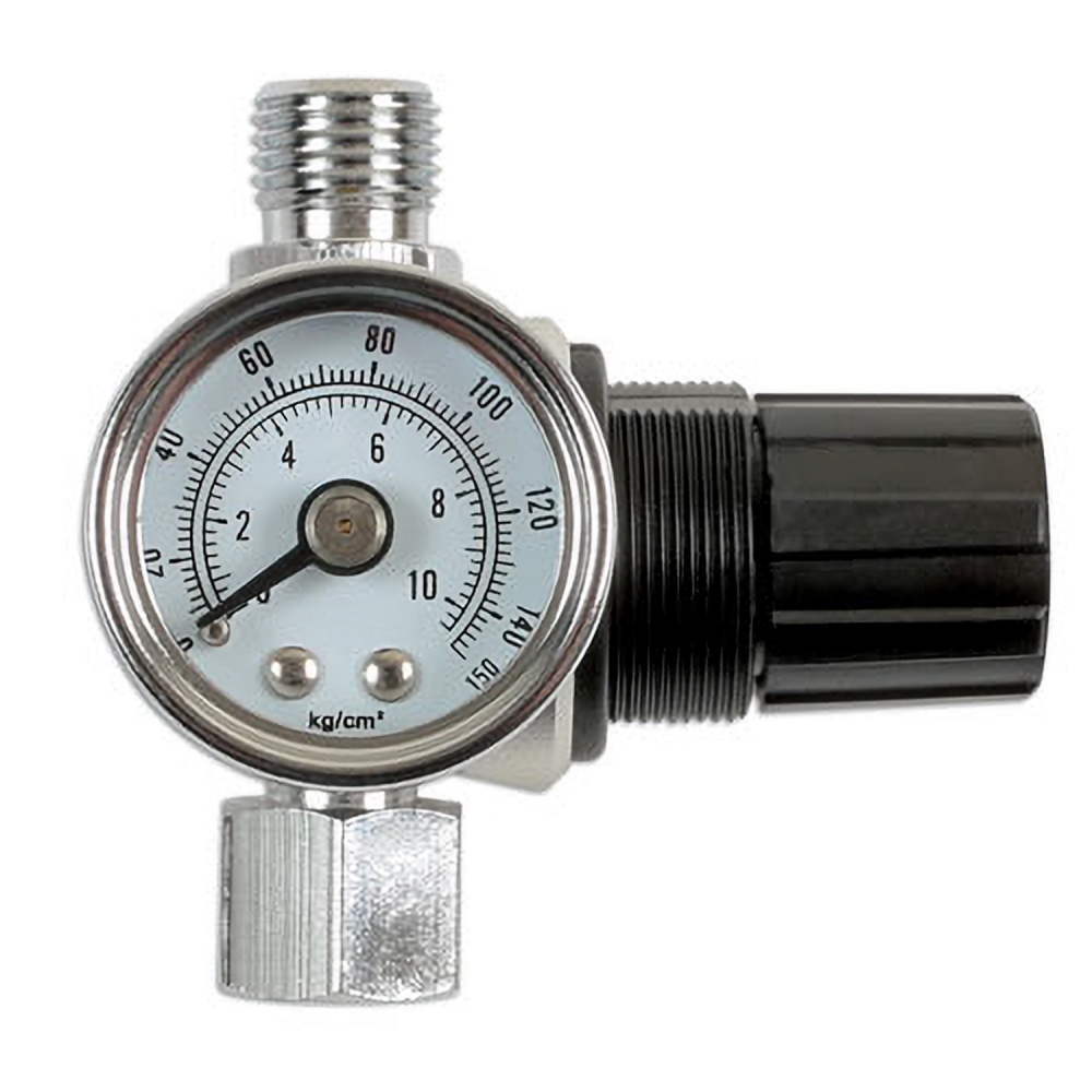 Detalle del manómetro del regulador de aire para pistola de pintar con escala 0-150 psi y 0-10 bar