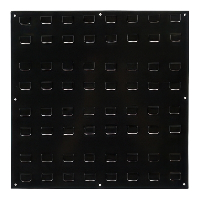 Panel mural metálico negro para gavetas de taller con 64 enganches y fijación a pared