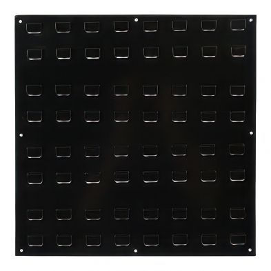 Panel mural metálico negro para gavetas de taller con 64 enganches y fijación a pared