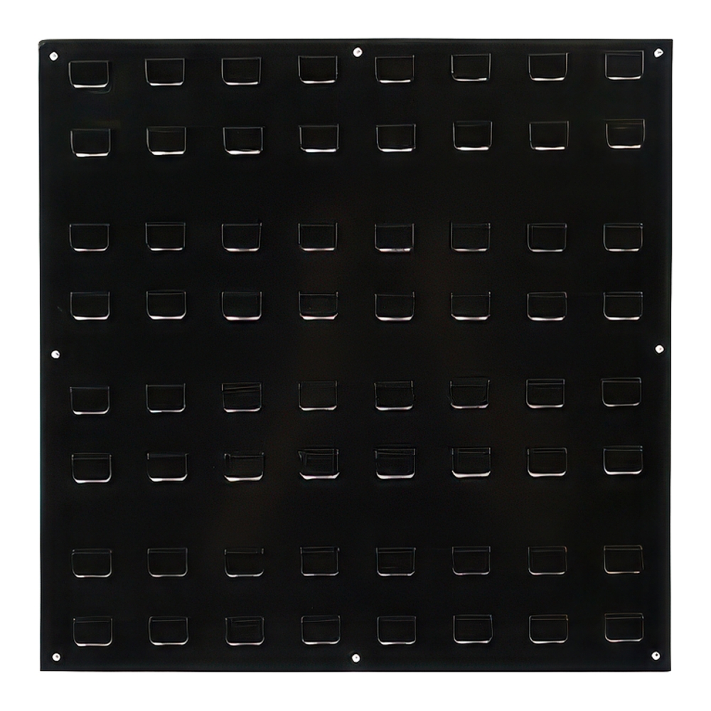 Panel mural metálico negro para gavetas de taller con 64 enganches y fijación a pared