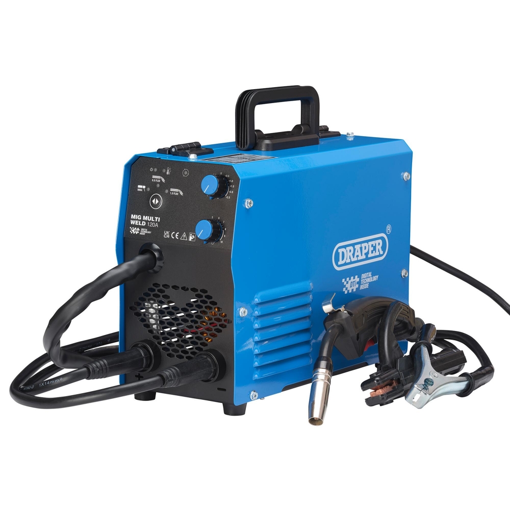 Soldador inverter MIG sin gas Draper 120A con antorcha, pinza de masa y cables incluidos
