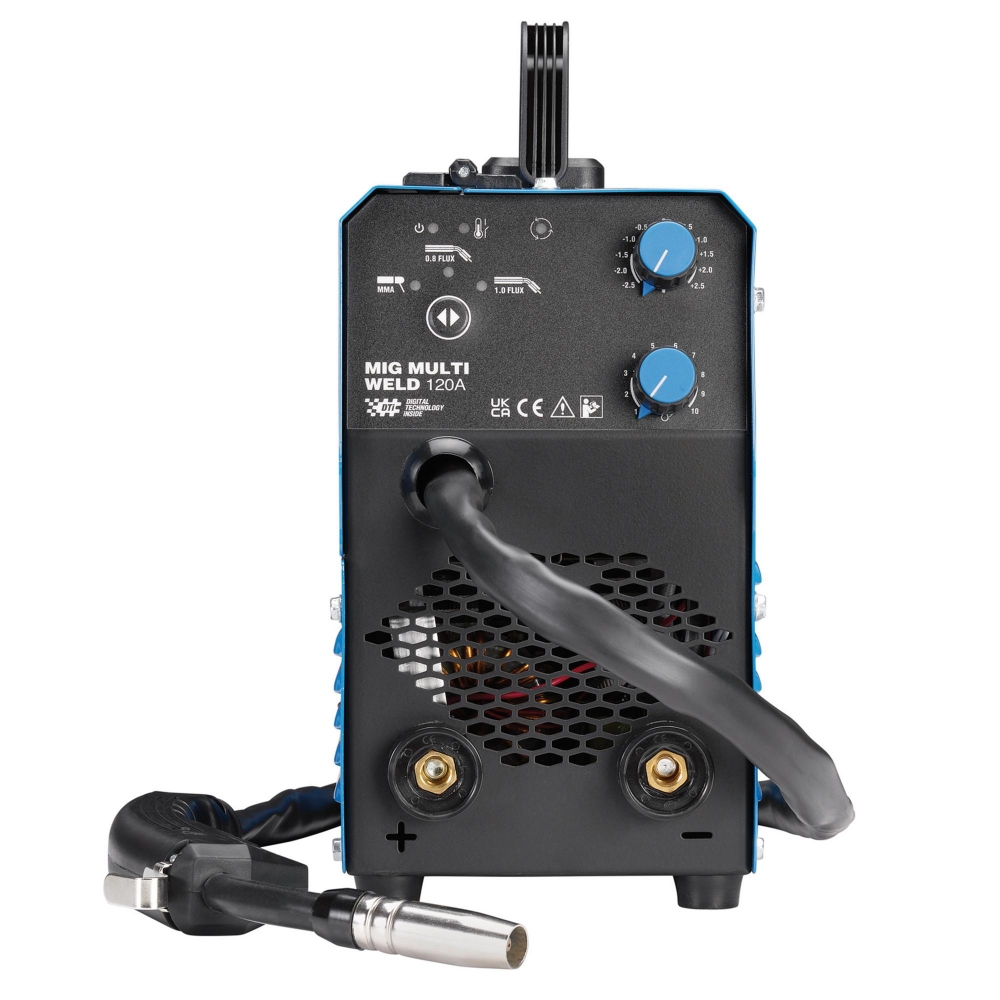 Panel frontal del soldador MIG/MMA Draper 120A con mandos de ajuste y conexiones de soldadura