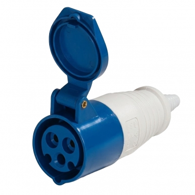 Conector industrial hembra 16A azul IP44 de 3 pines con tapa protectora y cuerpo aéreo