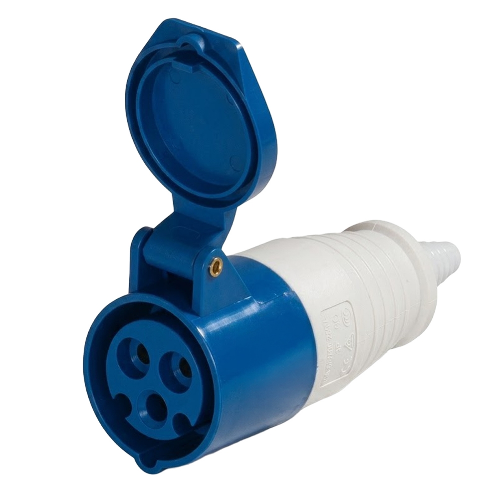 Conector industrial hembra 16A azul IP44 de 3 pines con tapa protectora y cuerpo aéreo