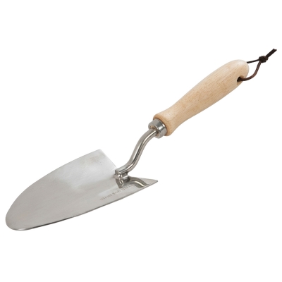 Paletín manual de jardinería con hoja inoxidable pulida y mango de madera natural