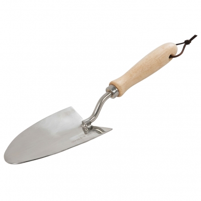 Paletín manual de jardinería con hoja inoxidable pulida y mango de madera natural