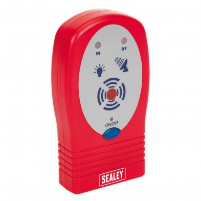 Tester de mandos de coche Sealey en posición vertical con botón ON/OFF e indicadores IR y RF