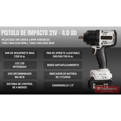 Características de la pistola de impactocon 700 Nm de apriete y 1200 Nm de desapriete.