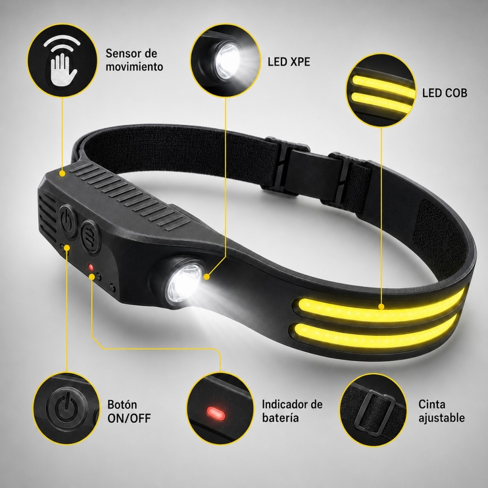Incluye sensor de movimiento, tira COB LED y foco XPE.